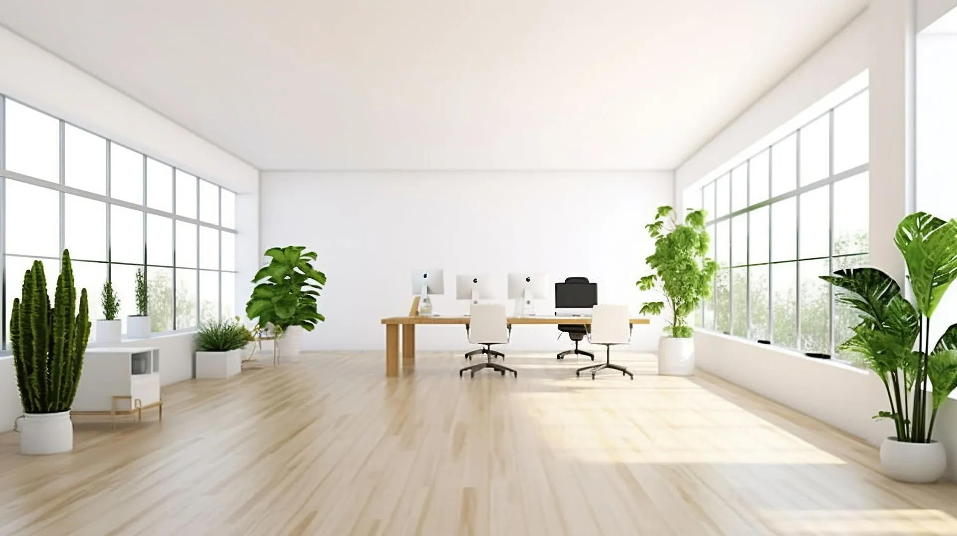 Bureau éclairé par la lumière extérieur avec un sol marron