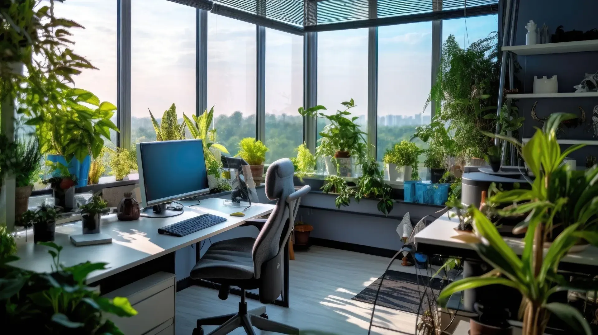 Vue d'un bureau très clair avec beaucoup de plantes verte